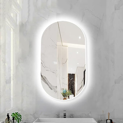Oval LED Illuminated Bathroom Mirror, Wall-mounted Vanity Makeup Mirror with Demister Pad, 3 Dimmable Color Temperatures & Touch Control, Metal Frame Anti-Fog Lighted Wall Mirror ( Color : White Frame