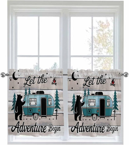 Farmhouse Bear Camper Van Tree Window Valance Curtains, Vintage Wood Grain Light Filtering Kitchen Valance with 3-inch Rod Pocket for Living Room Bathroom Bedroom,2 Panel,27.5x36In