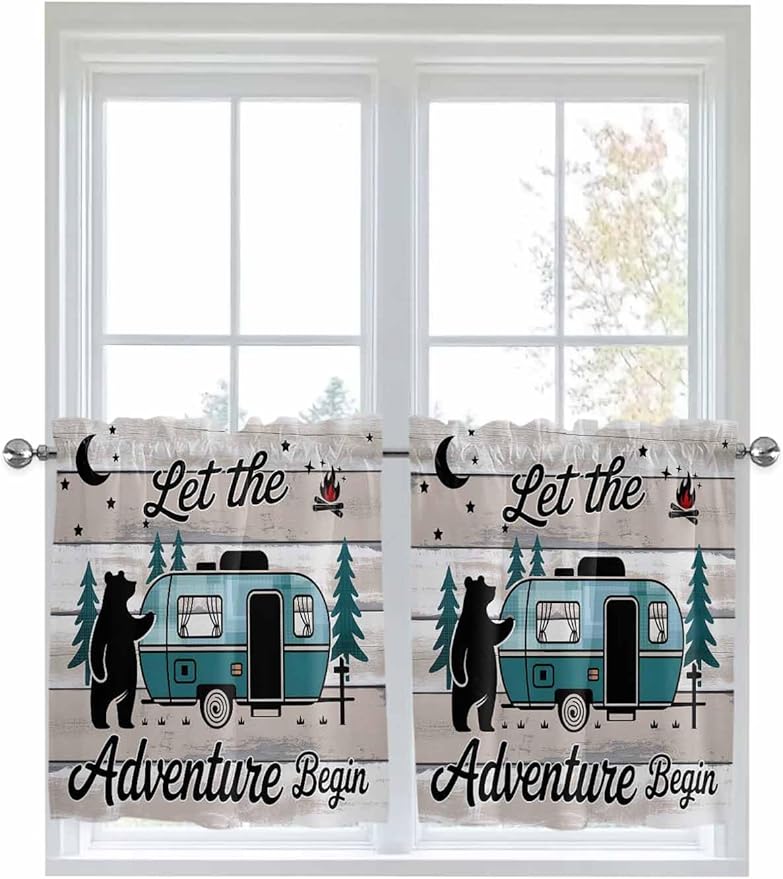 Farmhouse Bear Camper Van Tree Window Valance Curtains, Vintage Wood Grain Light Filtering Kitchen Valance with 3-inch Rod Pocket for Living Room Bathroom Bedroom,2 Panel,27.5x24In