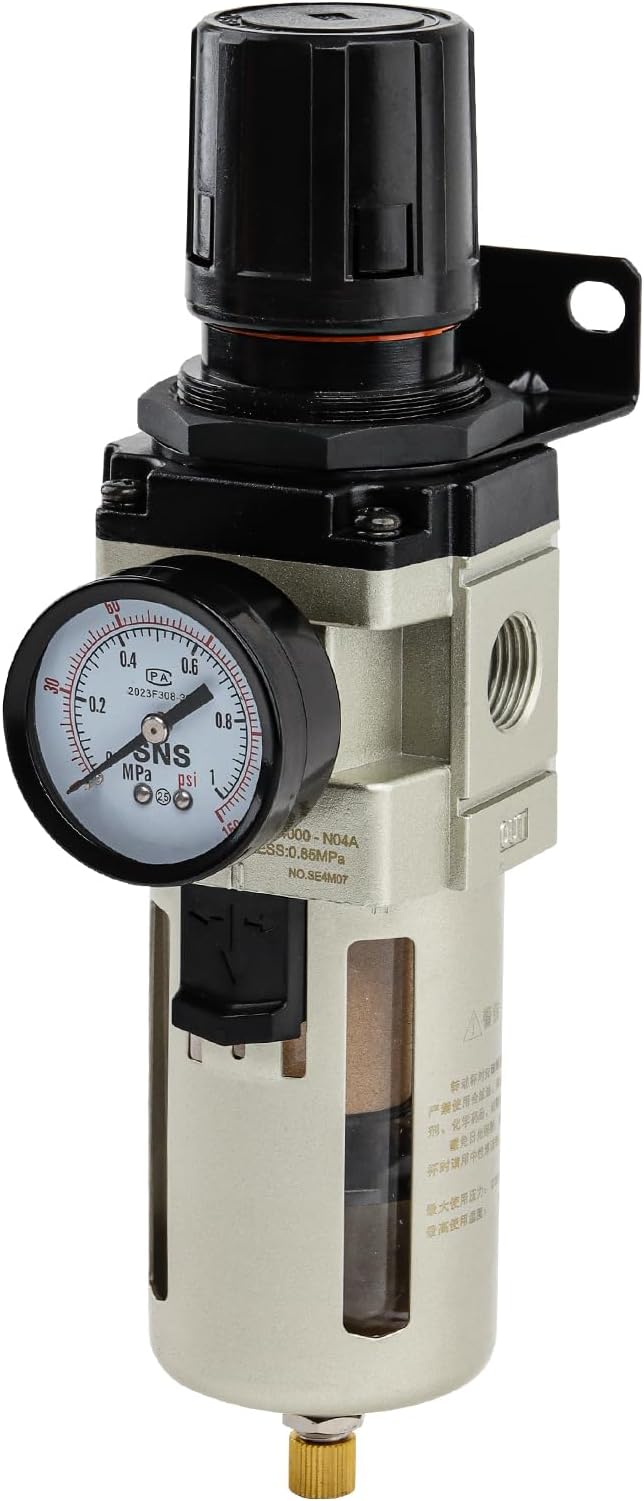 SNS 1/2”NPT Compressed Air Filter Regulator Piggyback Combo, Semi-auto Drain, 5 Micron Brass Filter, Gauge and Bracket, Poly Bowl with Metal Guard AW4000-N04A