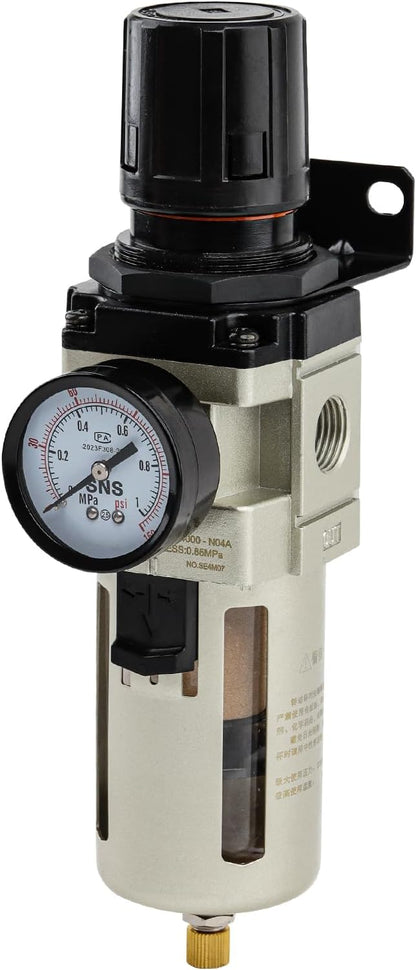 SNS 1/2”NPT Compressed Air Filter Regulator Piggyback Combo, Semi-auto Drain, 5 Micron Brass Filter, Gauge and Bracket, Poly Bowl with Metal Guard AW4000-N04A