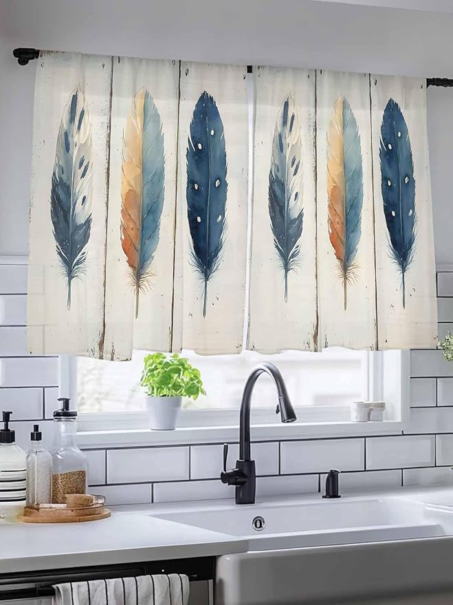 Sheer Curtains 54 Inch Length, Blue Brown Feathers Semi Sheer Curtains Light Filtering Window Treatment, Boho Ombre Vintage Wooden Grain Privacy Voile Drapes for Living Room Bedroom 52x54 Inch