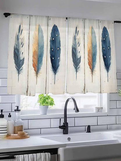 Sheer Curtains 54 Inch Length, Blue Brown Feathers Semi Sheer Curtains Light Filtering Window Treatment, Boho Ombre Vintage Wooden Grain Privacy Voile Drapes for Living Room Bedroom 52x54 Inch