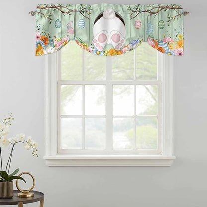 Easter Tie Up Valance Curtains for Windows, Kitchen Curtains Window Shades, Spring Watercolor Bunny Eggs Wooden Grain Green Light Filtering Roman Curtain Valances for Bedroom/Bathroom/Cafe 60"x18"