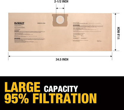 DEWALT DXVA19-4104 Dust Filter Bags, High Efficiency Replacement Bags for DEWALT Wet Dry Vac 5-8 Gallon, Wet Dry Vac Accessories, Dust Collection Bag Vacuum Bag