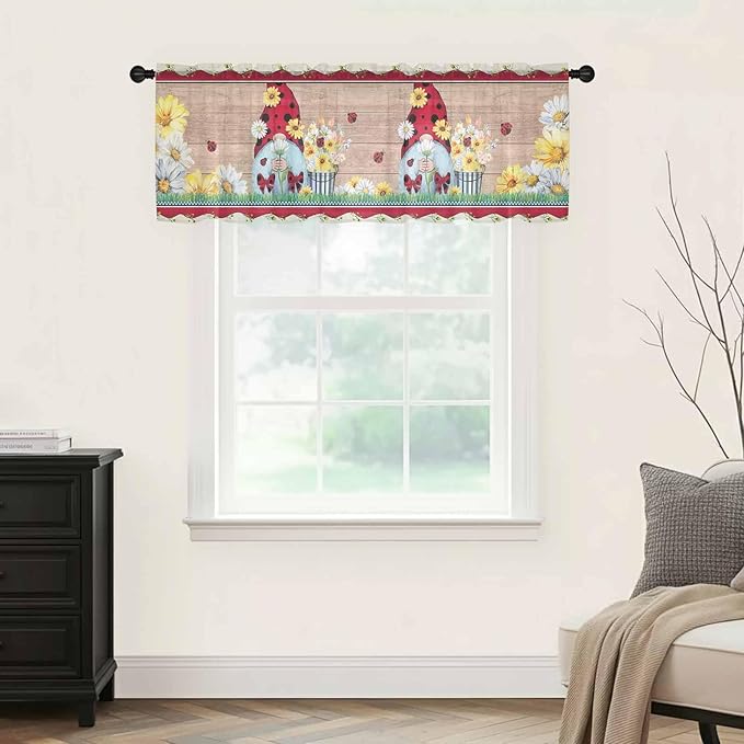 Ladybug Gnome Sheer Valance Curtains, Country Summer Rustic White Yellow Daisy Floral Wood Grain Light Filtering Kitchen Valances Rod Pocket Voile Curtain for Bedroom/Living Room/Basement 54Wx18L
