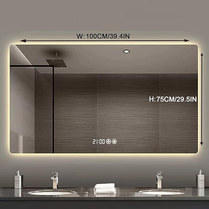 Bathroom Mirror with LED Lights，LED Bathroom Mirror，Smart Lighted Bathroom Mirror for Wall，Energy-Saving LED Smart Mirrors，with Demister Pad，Three-Color Light(H75*W100cm/H29.5*W39.4IN)