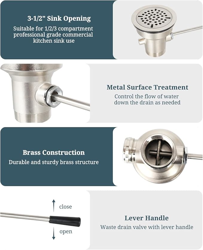 3-1/2 Inch Commercial Sink Drain with Lever Handle Kitchen Sink Opening Waste Drain Valve Stopper Prevents Sink Clogged Overflow for 1/2/3 Compartment Sink Style Drains