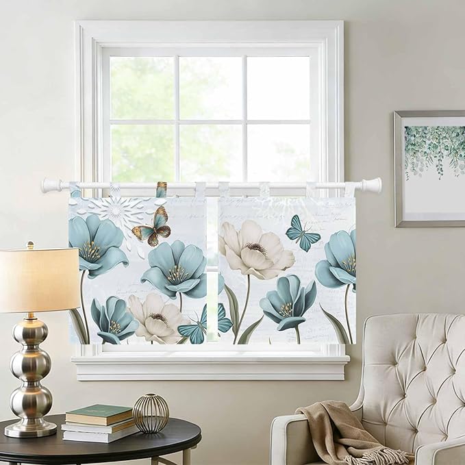 Blue Tulips Kitchen Curtains 36 Inch Length, Small Window Curtains Tab Top, Watercolor Flowers Butterfly Spring Farmhouse Blue Light Filtering Short Window Treatments Tier Drapes 27.5"x36" 2 Panel