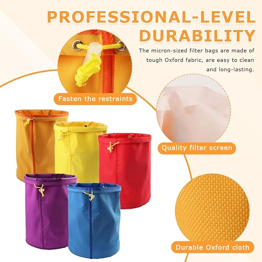 5 Pack 5 Gallon Filter Bags, 25-220 Micron Oxford Cloth All-Mesh Filter Bags with Color Coding System, Adjustable Drawstring Reusable Filter Bags for Fruit Juice Extraction, Soy Products, Home Kitchen