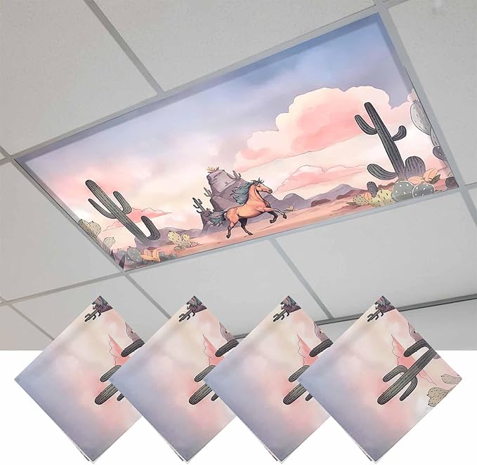 Fluorescent Light Covers for Drop Ceiling Watercolor Running Horse Cactus Magnetic Light Filters, Desert Hill Ombre Sky Ceiling Shade Filters for Home Classroom Office,2x4 ft,4Packs