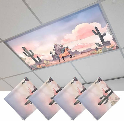 Fluorescent Light Covers for Drop Ceiling Watercolor Running Horse Cactus Magnetic Light Filters, Desert Hill Ombre Sky Ceiling Shade Filters for Home Classroom Office,2x4 ft,4Packs