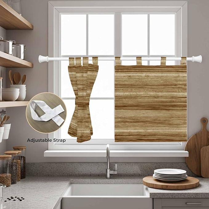 Vintage Western Kitchen Curtains 24 Inch Length, Small Window Curtains Tab Top, Rustic Farmhouse Wooden Grain Barn Door Light Filtering Short Window Treatments Tier Drapes 27.5"x24" 2 Panel