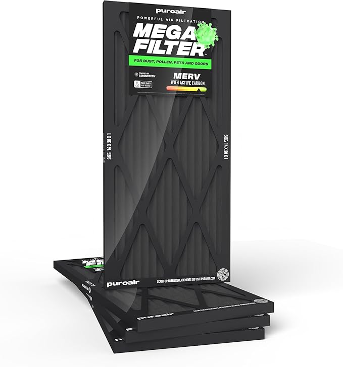 PuroAir MegaFilter - 14x30x1 Air Filter MERV 13 Activated CarbonTech Defense - Heavy Duty 3 Layer Furnace Filters Allergens, Pollen, Dust, Pet Dander, Smoke, Odors - HVAC Air Filter 14x30x1 (4-Pack)