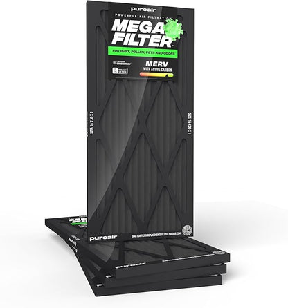PuroAir MegaFilter - 14x30x1 Air Filter MERV 13 Activated CarbonTech Defense - Heavy Duty 3 Layer Furnace Filters Allergens, Pollen, Dust, Pet Dander, Smoke, Odors - HVAC Air Filter 14x30x1 (4-Pack)