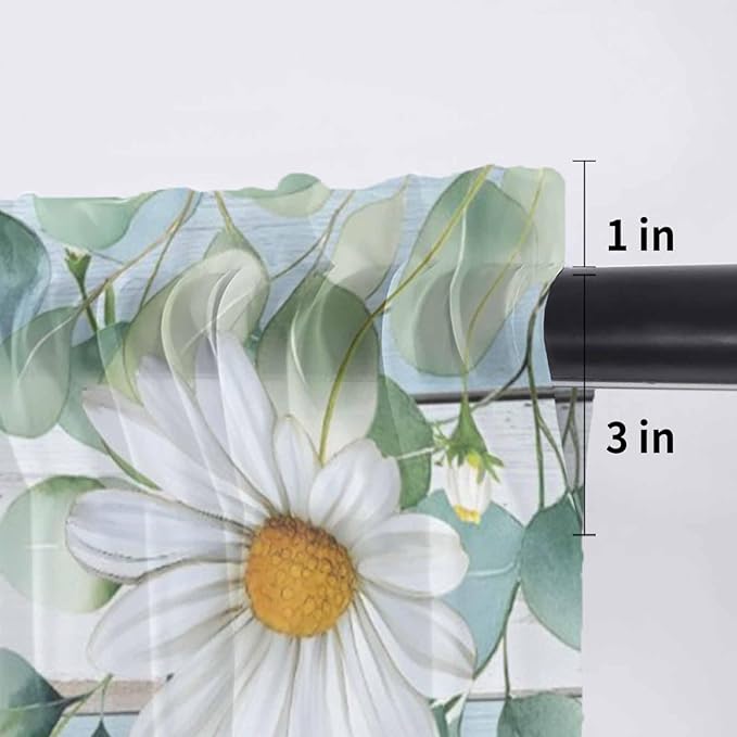 Daisy Eucalyptus Leaves Sheer Valance Curtains, Blue Wood Grain Spring Countryside Light Filtering Kitchen Valances Rod Pocket Voile Curtain Window Treatment for Bedroom/Living Room/Basement 42Wx18L