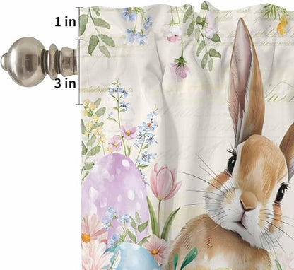 Kitchen Curtains Tiers and Valance Set of 3, Easter Light Filtering Window Curtain Set, Pastoral Spring Bunny Eggs Botanical Flowers Leaf Rod Pocket Curtain Drapes for Living Room, 36 Inches Tiers