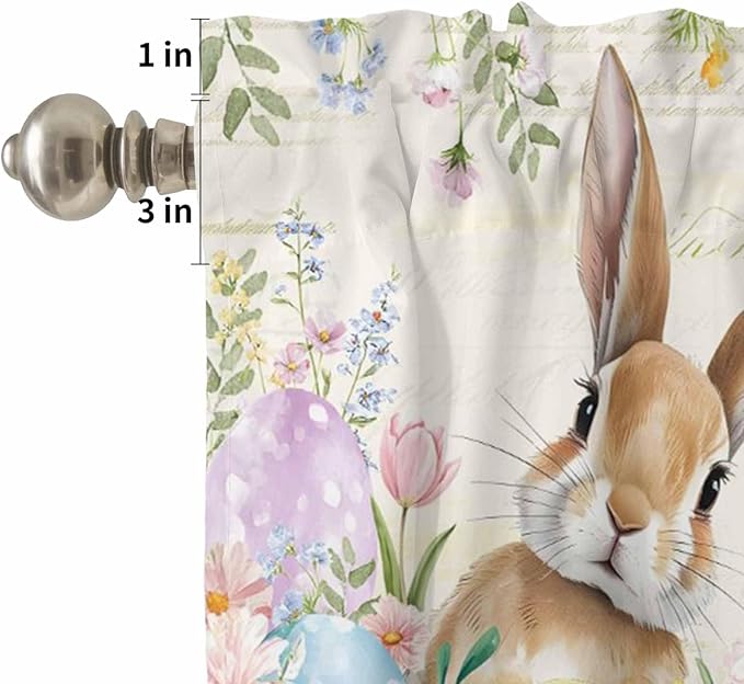 Kitchen Curtains Tiers and Valance Set of 3, Easter Light Filtering Window Curtain Set, Pastoral Spring Bunny Eggs Botanical Flowers Leaf Rod Pocket Curtain Drapes for Living Room, 24 Inches Tiers
