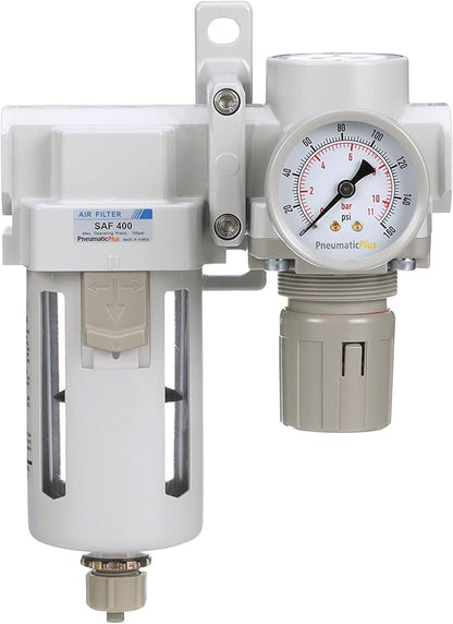 PneumaticPlus SAU420-N06G Compressed Air Filter Regulator Combo 3/4" NPT - Poly Bowl, Manual Drain, Bracket, Gauge