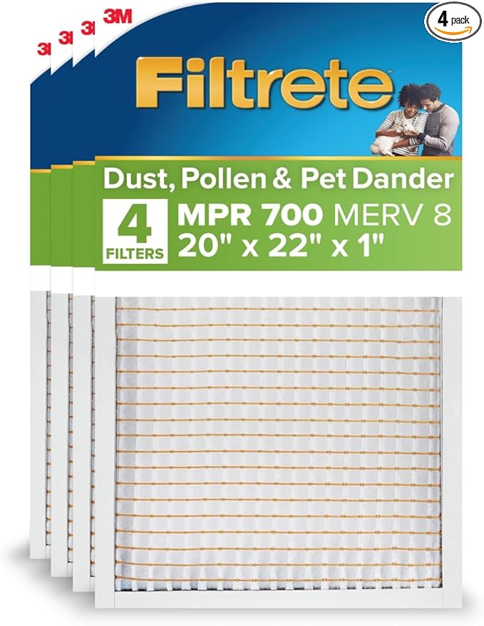 Filtrete 20x22x1 AC Furnace Air Filter, MERV 8, MPR 700, Tough on Pollen, Easy on Airflow, 3-Month Pleated 1-Inch Electrostatic Air Cleaning Filter, 4-Pack (Actual Size 19.81 x 21.81 x 0.81 in)