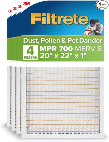 Filtrete 20x22x1 AC Furnace Air Filter, MERV 8, MPR 700, Tough on Pollen, Easy on Airflow, 3-Month Pleated 1-Inch Electrostatic Air Cleaning Filter, 4-Pack (Actual Size 19.81 x 21.81 x 0.81 in)