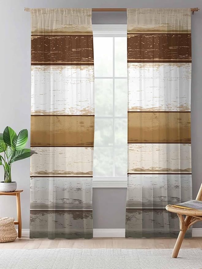 Sheer Curtains 84 Inches Long, Brown Wood Grain Semi Sheer Curtains Light Filtering Window Treatment, Vintage Country Geometric Striped Privacy Voile Drapes for Living Room Bedroom 52x84 Inch