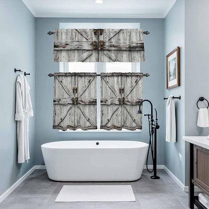 Kitchen Curtains Tiers and Valance Set of 3, Vintage Gate Light Filtering Window Curtain Set, Farmhouse Wooden Grain Shabby Chic Door Rod Pocket Curtain Drapes for Cafe, Living Room, 36 Inches Tiers
