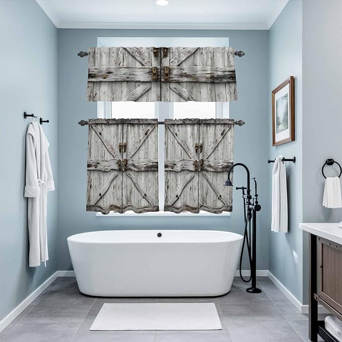 Kitchen Curtains Tiers and Valance Set of 3, Vintage Gate Light Filtering Window Curtain Set, Farmhouse Wooden Grain Shabby Chic Door Rod Pocket Curtain Drapes for Cafe, Living Room, 24 Inches Tiers