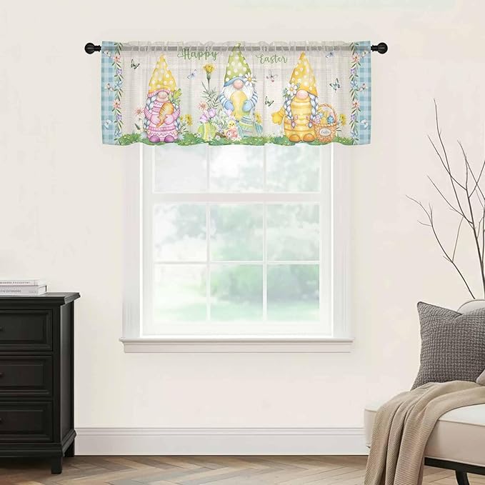 Easter Sheer Valances for Windows 54"x18", Light Filtering Kitchen Curtains Valance, Gnomes Colorful Eggs Butterfly Flowers Blue Check Rod Pocket Chiffon Curtains for Living Room Bedroom Cafe