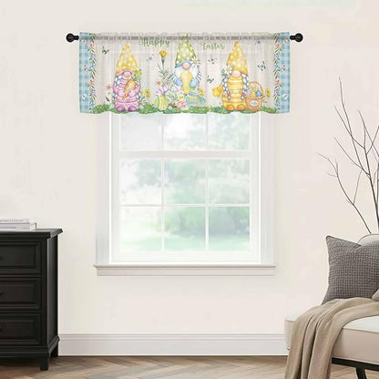 Easter Sheer Valances for Windows 54"x18", Light Filtering Kitchen Curtains Valance, Gnomes Colorful Eggs Butterfly Flowers Blue Check Rod Pocket Chiffon Curtains for Living Room Bedroom Cafe