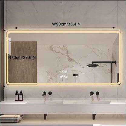 Smart Lighted Bathroom Mirror for Wall，Bathroom Mirror with LED Lights，Energy-Saving LED Smart Mirrors，LED Mirror for Bathroom，with Demister Pad and Smart Touch Switch(H70*W90cm/H27.6*W35.4IN)