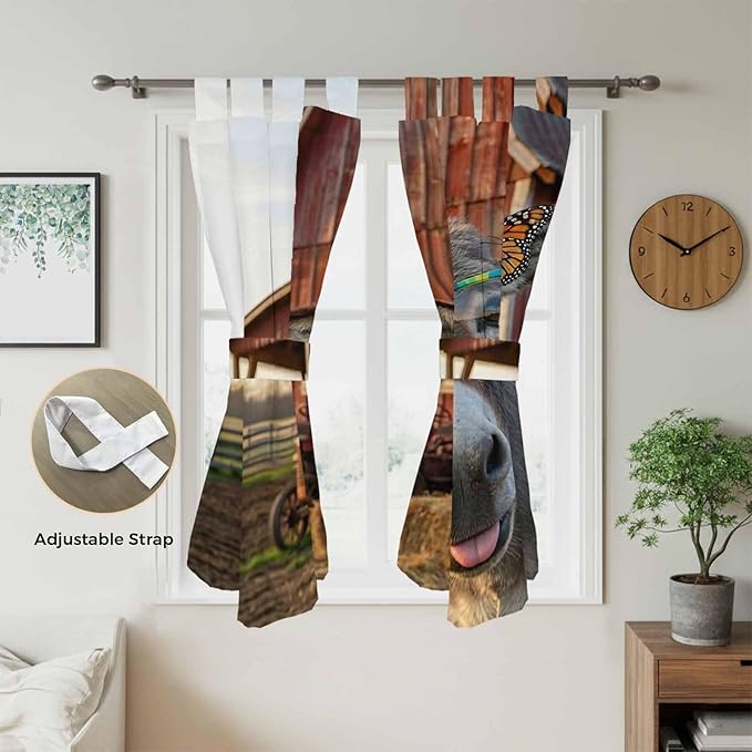 Farm Donkeys Living Room Curtains 84 Inch Length, Window Curtains Tab Top, Farmhouse Barn Funny Animals Butterfly Light Filtering Window Treatments Drapes 42"x84" 2 Panel