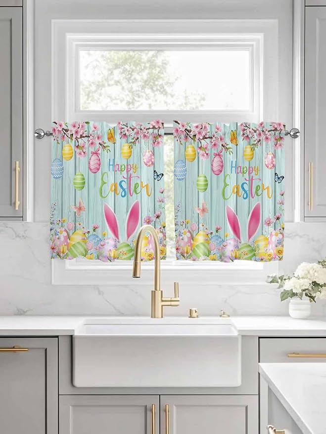 Happy Easter Half Window Curtains 24 Inches Long, Spring Bunny Eggs Flower Teal Wood Grain Window Treatment Curtain Drapes, Short Curtains Tiers for Kitchen Over Sink, 27.5"x24", 2 Panels