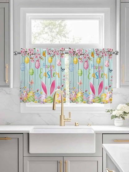 Happy Easter Half Window Curtain 36 Inches Long, Spring Bunny Eggs Flower Teal Wood Grain Window Treatment Curtain Drapes, Small Tier Curtains for Bathroom Over Sink, 27.5"x36", 2 Panels