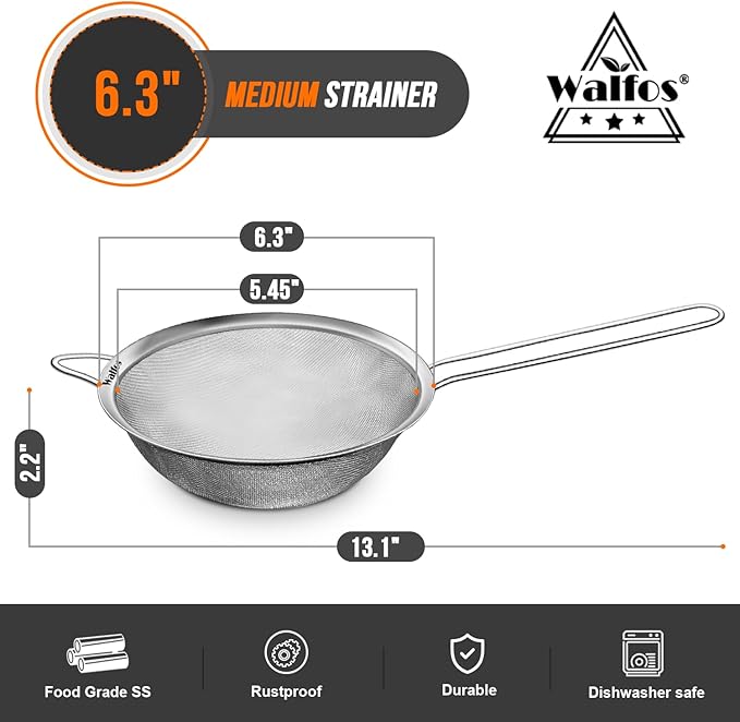 Walfos 6.3 Inch Fine Mesh Strainer, Premium Stainless Steel Sieve and Sifter with Handle, Kitchen Metal Strainers for Rice, Quinoa, Fruits, Noodles, Flour