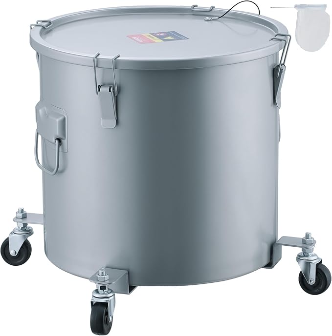 VEVOR Fryer Grease Bucket, 16 Gal Oil Disposal Caddy with Caster Base, Carbon Steel Rust-Proof Coating, Oil Transport Container with Lid, Lock Clips, Filter Bag for Hot Cooking Oil Filtering