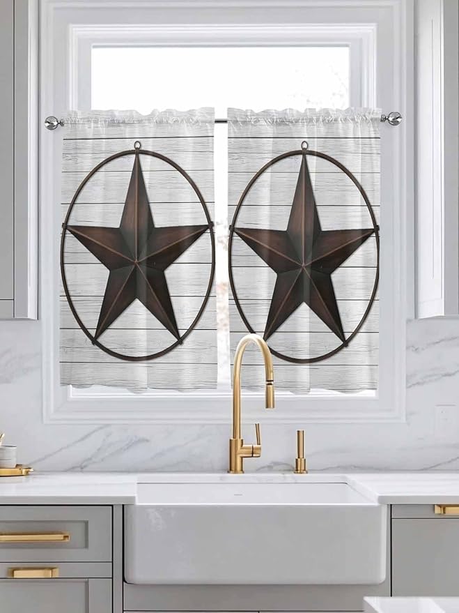 Vintage Farm Western Star Window Valance Curtains, White Wood Grain Light Filtering Kitchen Valance with 3-inch Rod Pocket for Living Room Bathroom Bedroom,2 Panel,27.5x45In
