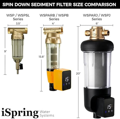 iSpring WSP100ARJ Spin-Down Sediment Water Filter, Upgraded Jumbo Size, Large Capacity, Reusable with Touch-Screen Auto Flushing Module, Brass Top Clear Housing, 100 Microns