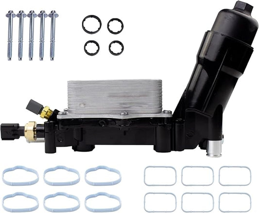 926-959 Aluminum Engine Oil Filter Housing Oil Cooler Kit with Gaskets & Sensors Compatible with 2011-2016 Chrysler Charger Challenger Journey Wrangler Ram Promaster 3.6L (black)