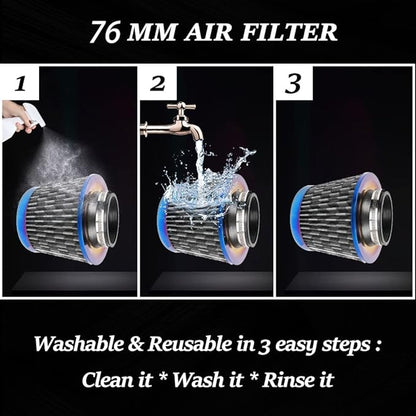 Cold Air Intake Filter, High Performance, Washable Filter, Clamp-On Replacement Air Filter, Flange Diameter 3inch/76mm Carbon Fiber Pattern