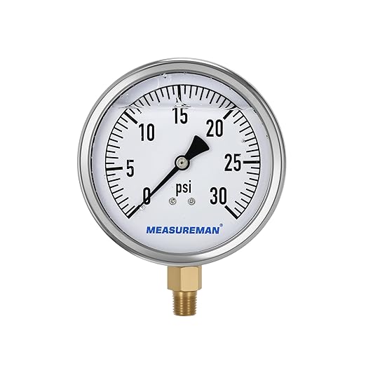 MEASUREMAN Glycerin Filled Plumbing Pressure Gauge 0-30psi Stainless Steel Case, 4" Dial 1/4" NPT Brass Lower Mount, Ideal for Residential Plumbing, Water Filtration Systems, Pneumatic Machinery