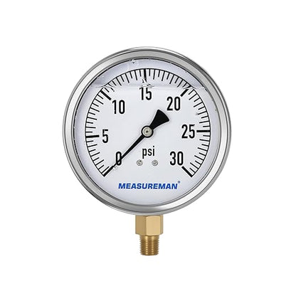 MEASUREMAN Glycerin Filled Plumbing Pressure Gauge 0-30psi Stainless Steel Case, 4" Dial 1/4" NPT Brass Lower Mount, Ideal for Residential Plumbing, Water Filtration Systems, Pneumatic Machinery