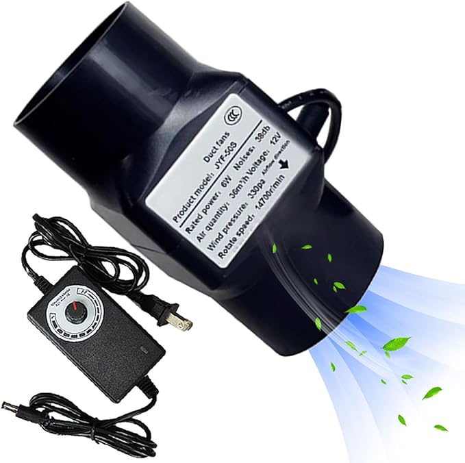 2 Inch Inline Duct Fan 12V 6W HVAC Exhaust Ventilation Fan 22 Cfm Low Noise Blower for Basements Bathrooms Kitchens Attics,Black (Color : Adjustable Speed)