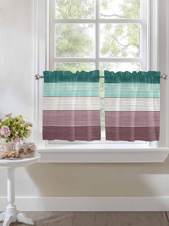 Retro Farm Woodcuts Texture Window Valance Curtains, Green Brown Gradient Light Filtering Kitchen Valance with 3-inch Rod Pocket for Living Room Bathroom Bedroom,2 Panel,27.5x24In