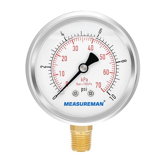 MEASUREMAN 2-1/2" dial,Glycerin Filled, Stainless Steel case, Brass Inside, 0-10psi/kpa,1/4" NPT Lower Mount