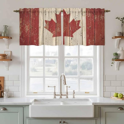 Canada Tier Curtains, Red Maple Leaf Flag Vintage Farmhouse Wooden Grain Light Filtering Kitchen Curtains, 2Pcs Rod Pocket Half Window Treatments Panels for Sink Cafe Cabinet Camper 27.5x24 Inches