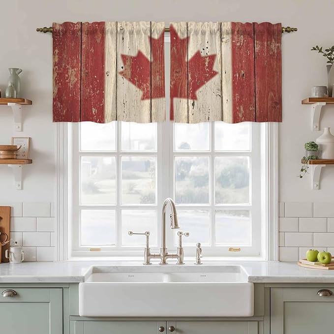 Canada Tier Curtains, Red Maple Leaf Flag Vintage Farmhouse Wooden Grain Light Filtering Kitchen Curtains, 2Pcs Rod Pocket Half Window Treatments Panels for Sink Cafe Cabinet Camper 27.5x36 Inches