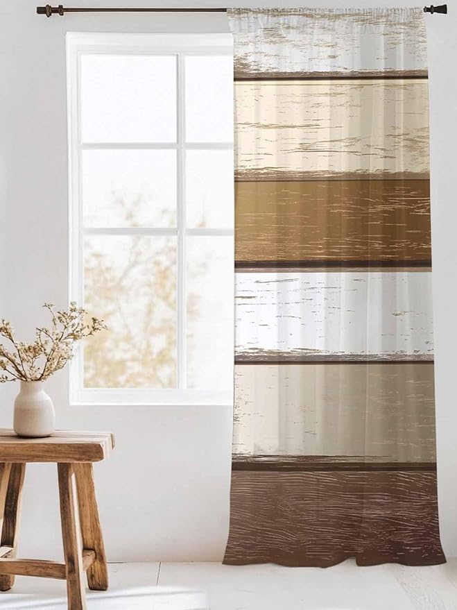 Sheer Curtains 84 Inches Long, Vintage Geometric Brown Semi Sheer Curtains Light Filtering Window Treatment, Farmhouse Country Chic Wood Grain Privacy Voile Drapes for Living Room Bedroom 52x84 Inch