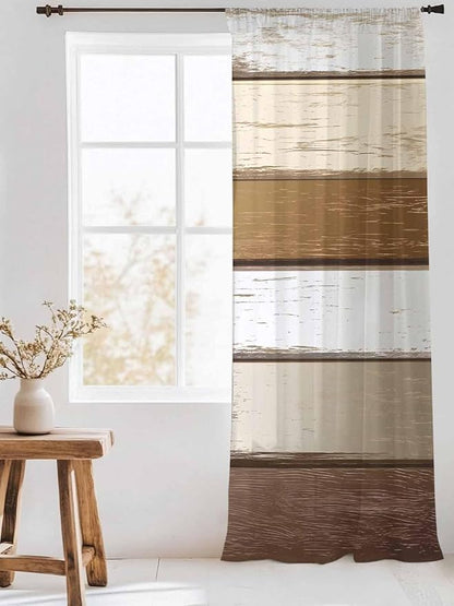 Sheer Curtains 84 Inches Long, Vintage Geometric Brown Semi Sheer Curtains Light Filtering Window Treatment, Farmhouse Country Chic Wood Grain Privacy Voile Drapes for Living Room Bedroom 52x84 Inch