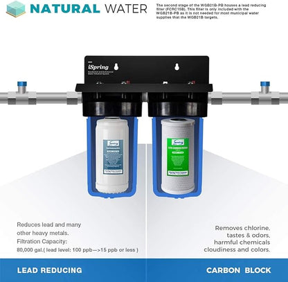 iSpring WGB21B-PB+AHPF12MNPT16X2 2-Stage Whole House Water Filtration System w/ 10” x 4.5” Carbon Block and Lead Reducing Filters and 3/4" Push-fit Braided Stainless Steel Hose Connectors